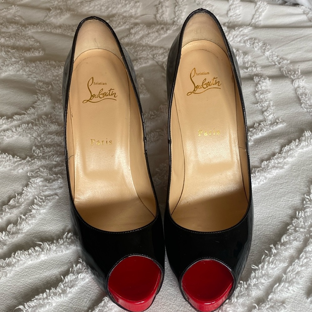 Christian Louboutins- Black Patent leather peep toe